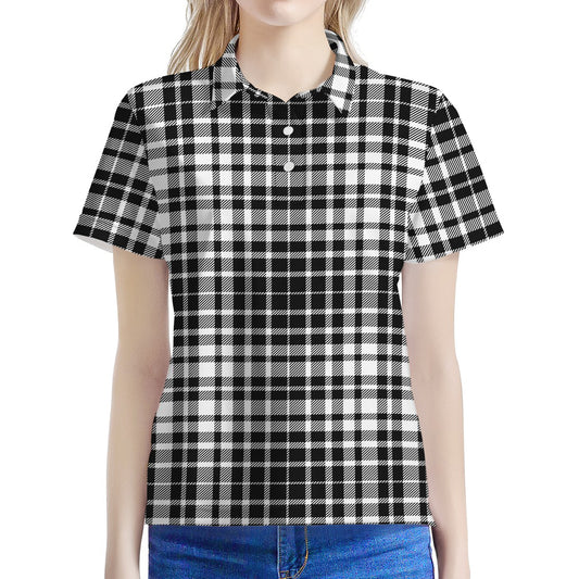 Black And White Border Tartan Print Women's Polo Shirt