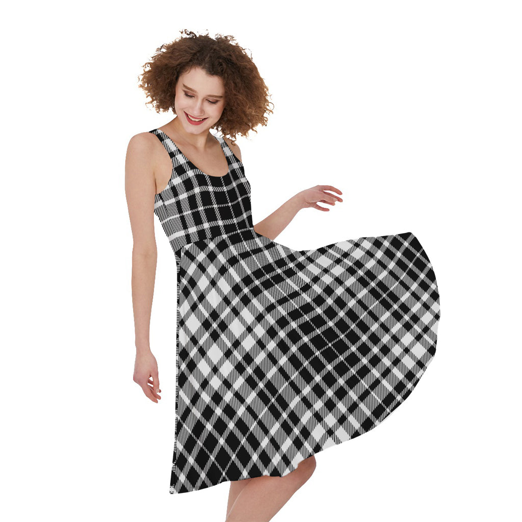 Black And White Border Tartan Print Women's Sleeveless Dress