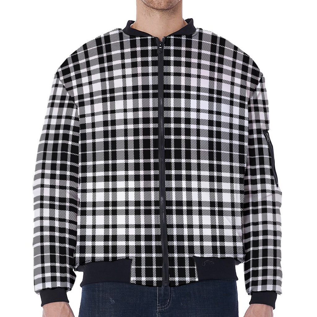 Black And White Border Tartan Print Zip Sleeve Bomber Jacket