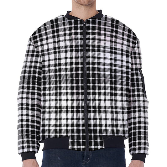 Black And White Border Tartan Print Zip Sleeve Bomber Jacket