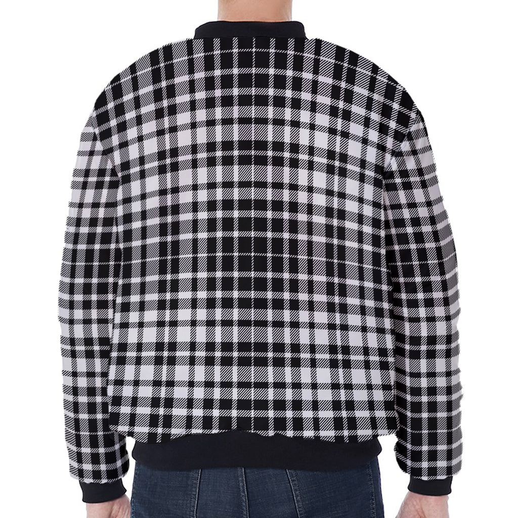 Black And White Border Tartan Print Zip Sleeve Bomber Jacket