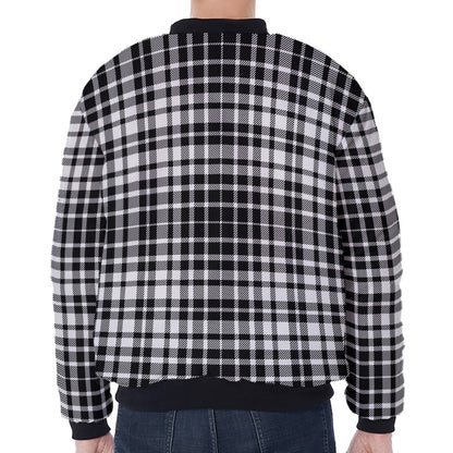 Black And White Border Tartan Print Zip Sleeve Bomber Jacket