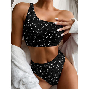 Black And White Bubble Pattern Print One Shoulder Bikini Top