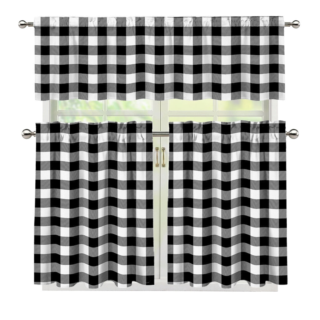 Black And White Buffalo Plaid Print 3 Piece Kitchen Curtains