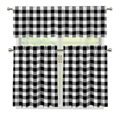 Black And White Buffalo Plaid Print 3 Piece Kitchen Curtains