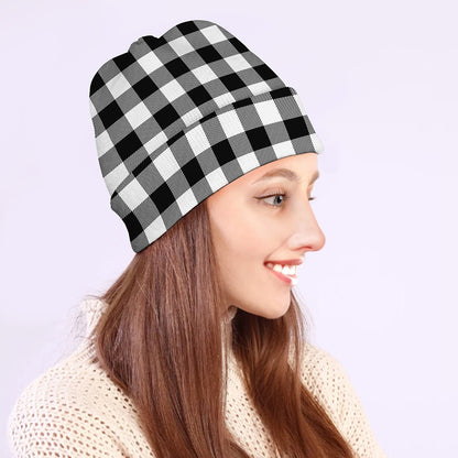 Black And White Buffalo Plaid Print Beanie