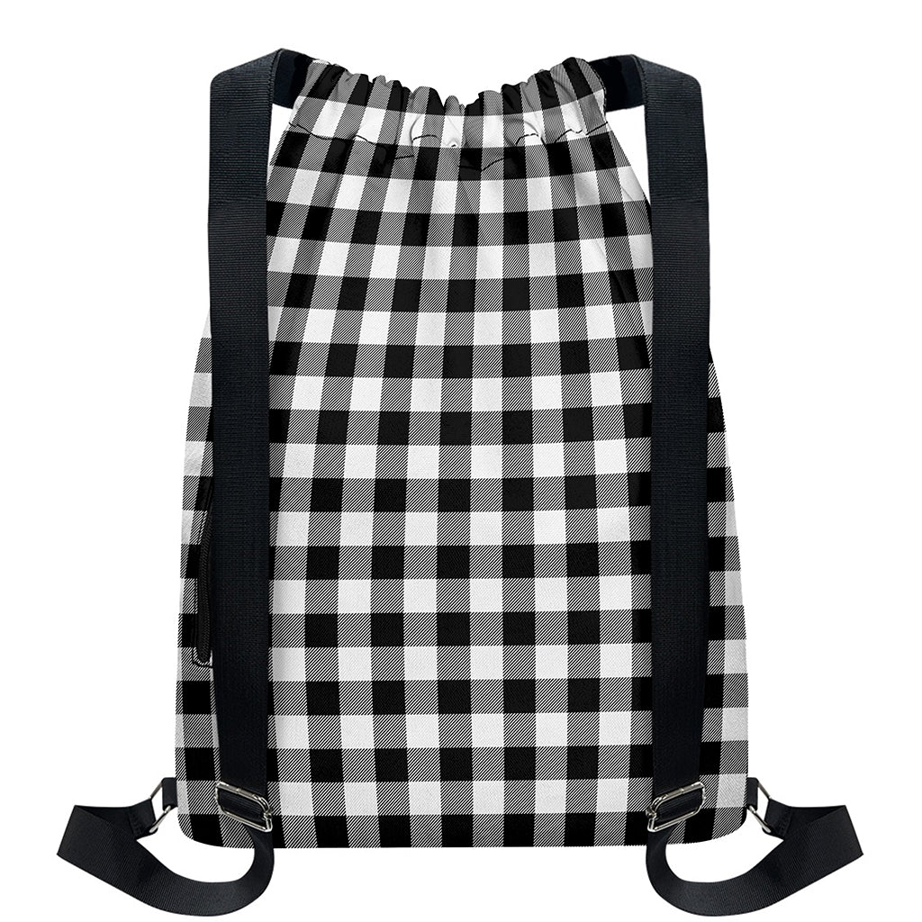 Black And White Buffalo Plaid Print Drawstring Backpack