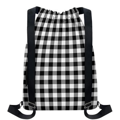 Black And White Buffalo Plaid Print Drawstring Backpack