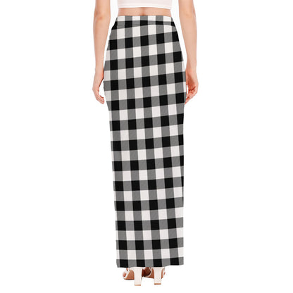 Black And White Buffalo Plaid Print High Slit Maxi Skirt