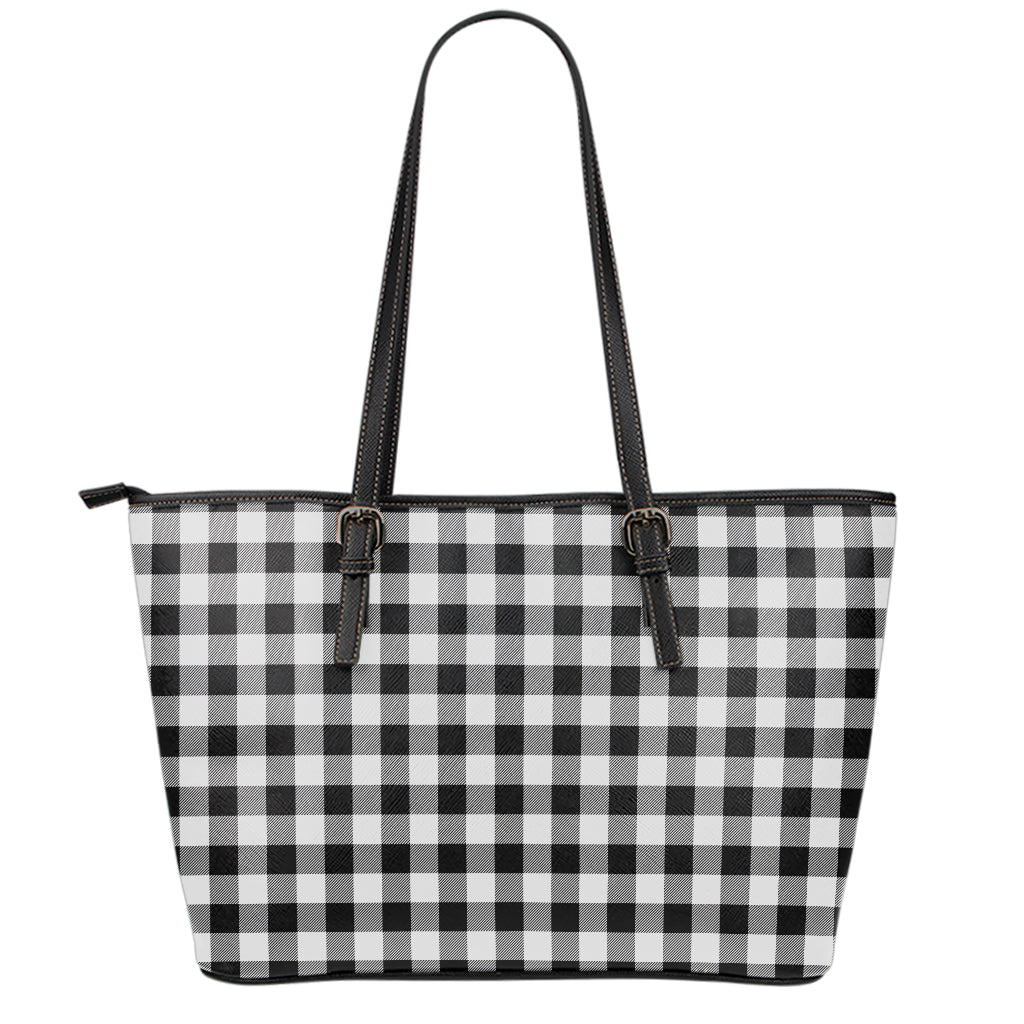 Black And White Buffalo Plaid Print Leather Tote Bag