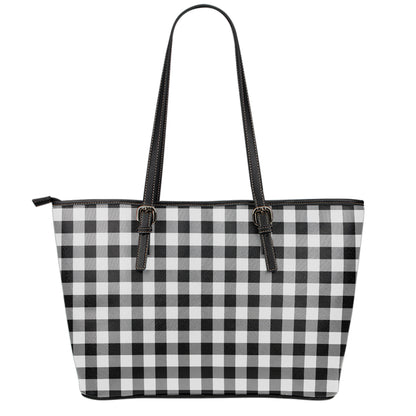 Black And White Buffalo Plaid Print Leather Tote Bag