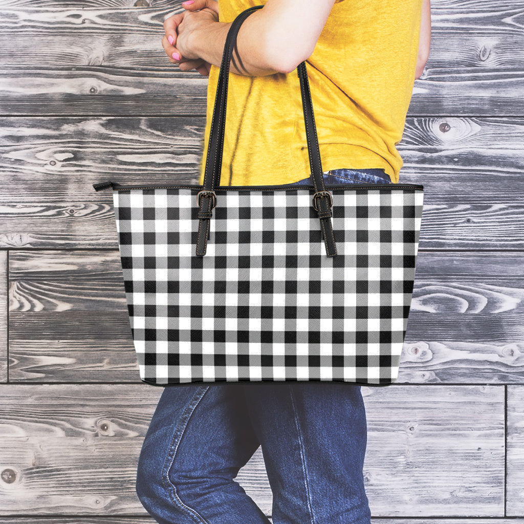 Black And White Buffalo Plaid Print Leather Tote Bag