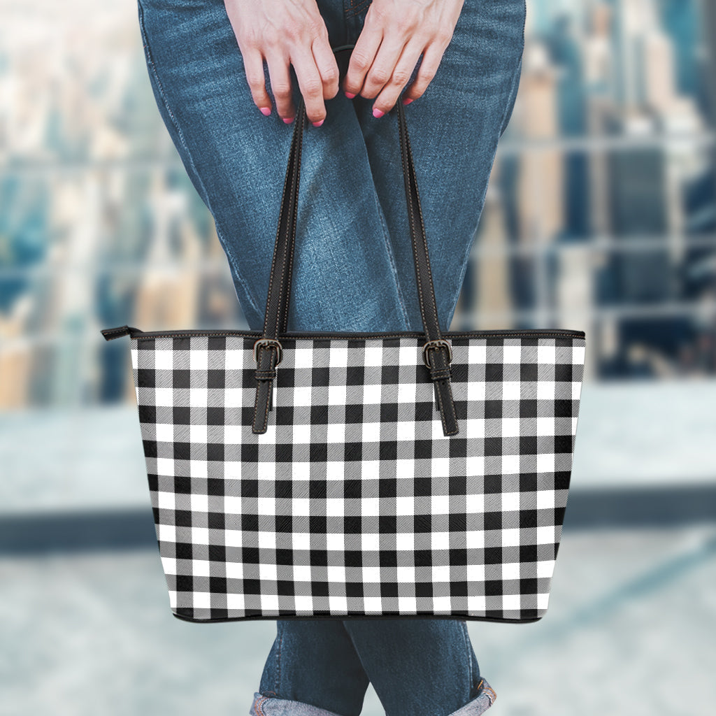 Black And White Buffalo Plaid Print Leather Tote Bag