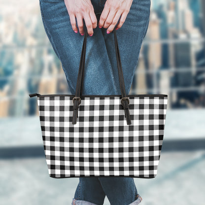 Black And White Buffalo Plaid Print Leather Tote Bag
