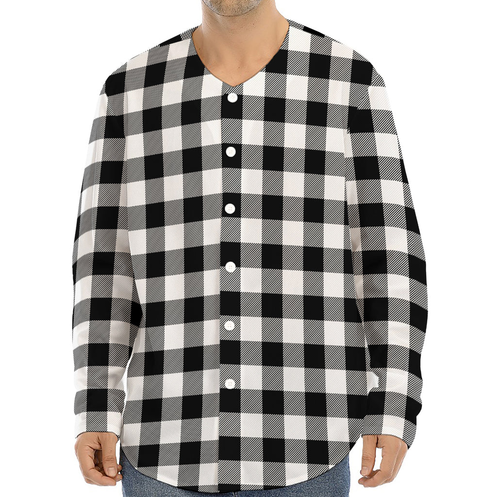 Black And White Buffalo Plaid Print Long Sleeve Baseball Jersey