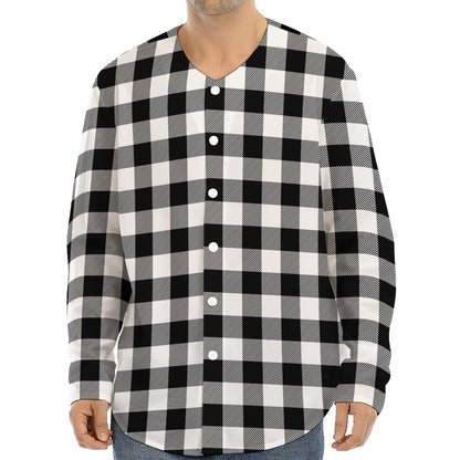 Black And White Buffalo Plaid Print Long Sleeve Baseball Jersey