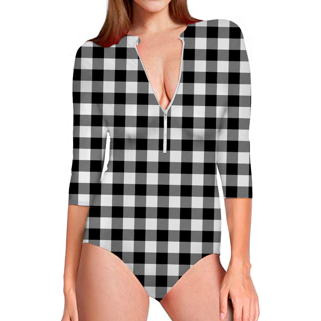 Black And White Buffalo Plaid Print Long Sleeve Swimsuit