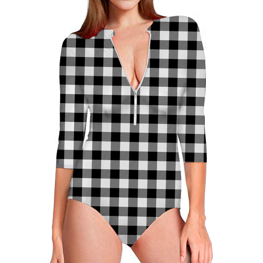 Black And White Buffalo Plaid Print Long Sleeve Swimsuit