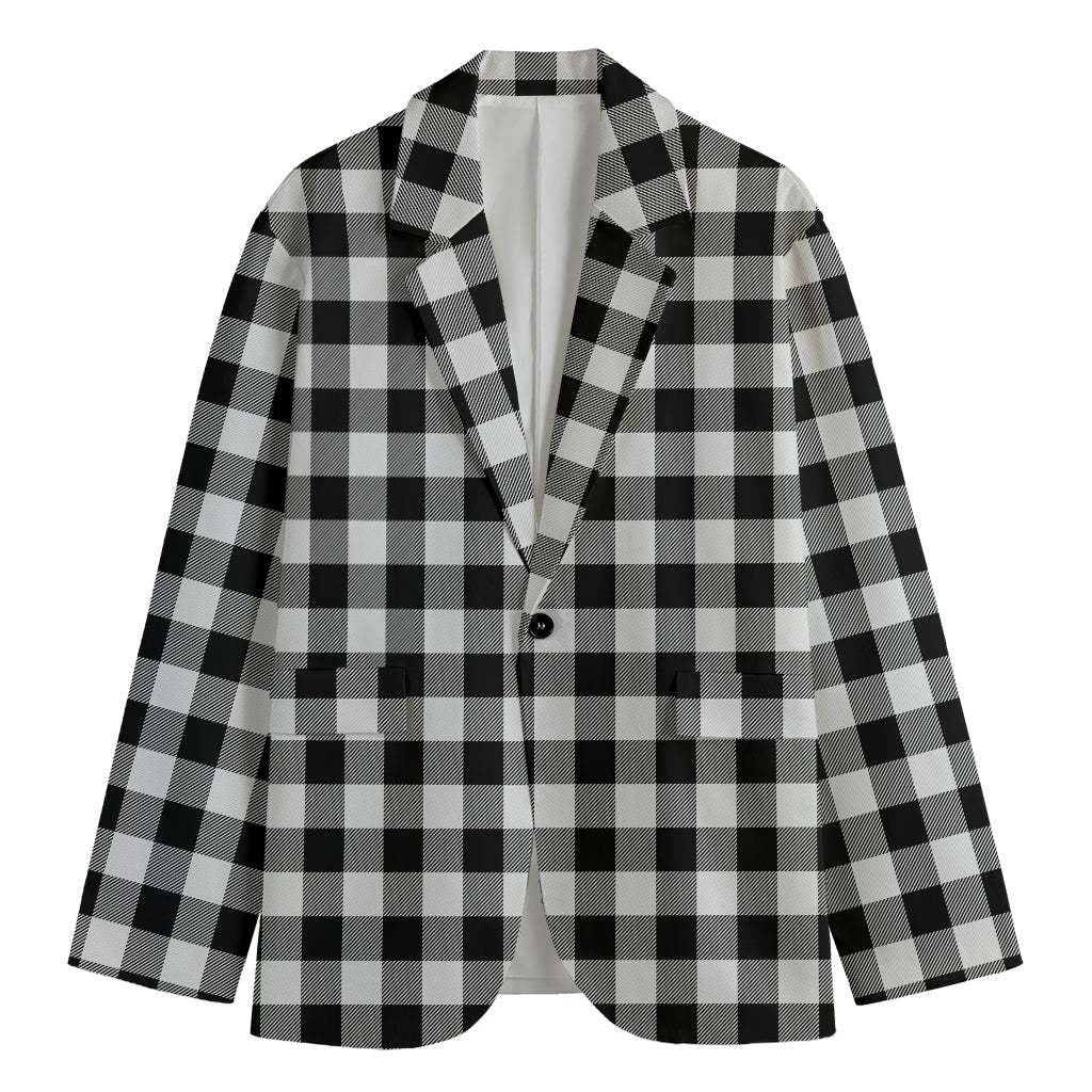 Black And White Buffalo Plaid Print Men's Cotton Blazer