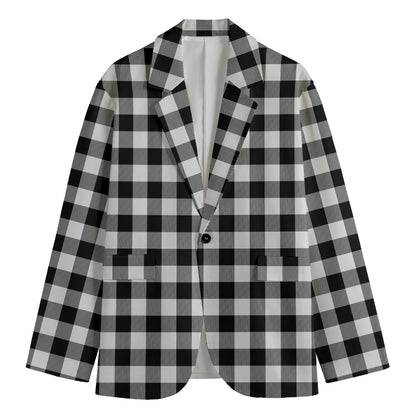 Black And White Buffalo Plaid Print Men's Cotton Blazer