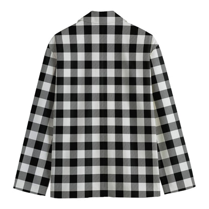 Black And White Buffalo Plaid Print Men's Cotton Blazer