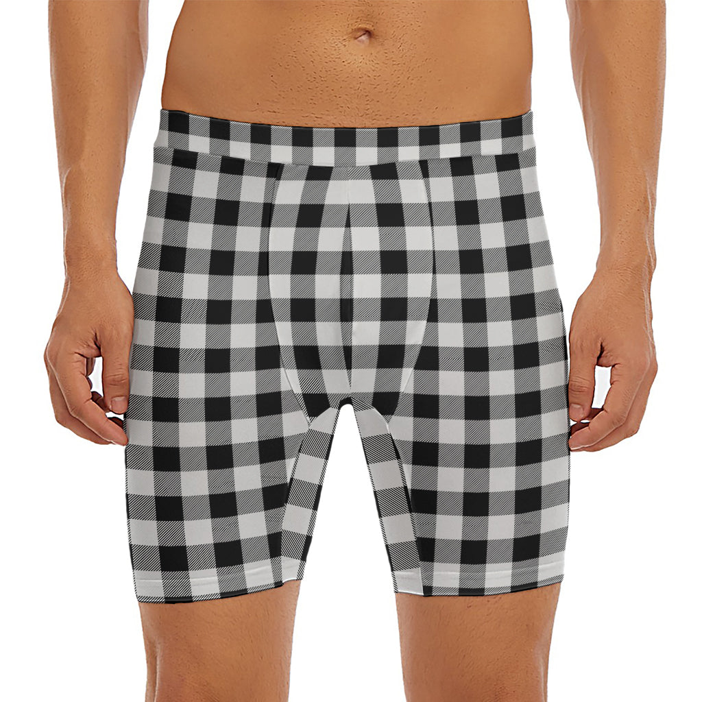 Black And White Buffalo Plaid Print Men's Long Boxer Briefs