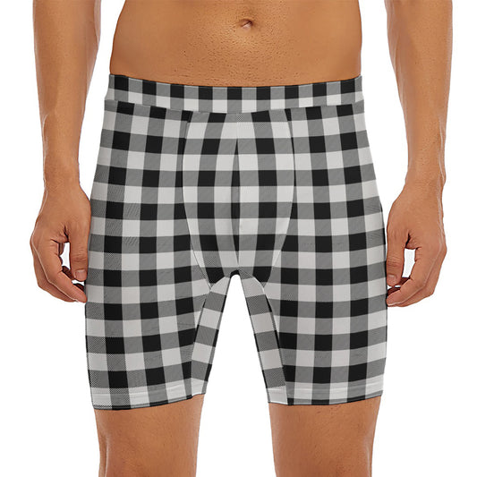 Black And White Buffalo Plaid Print Men's Long Boxer Briefs