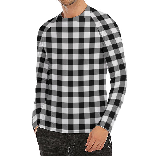 Black And White Buffalo Plaid Print Men's Long Sleeve Rash Guard
