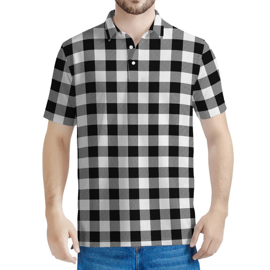 Black And White Buffalo Plaid Print Men's Polo Shirt