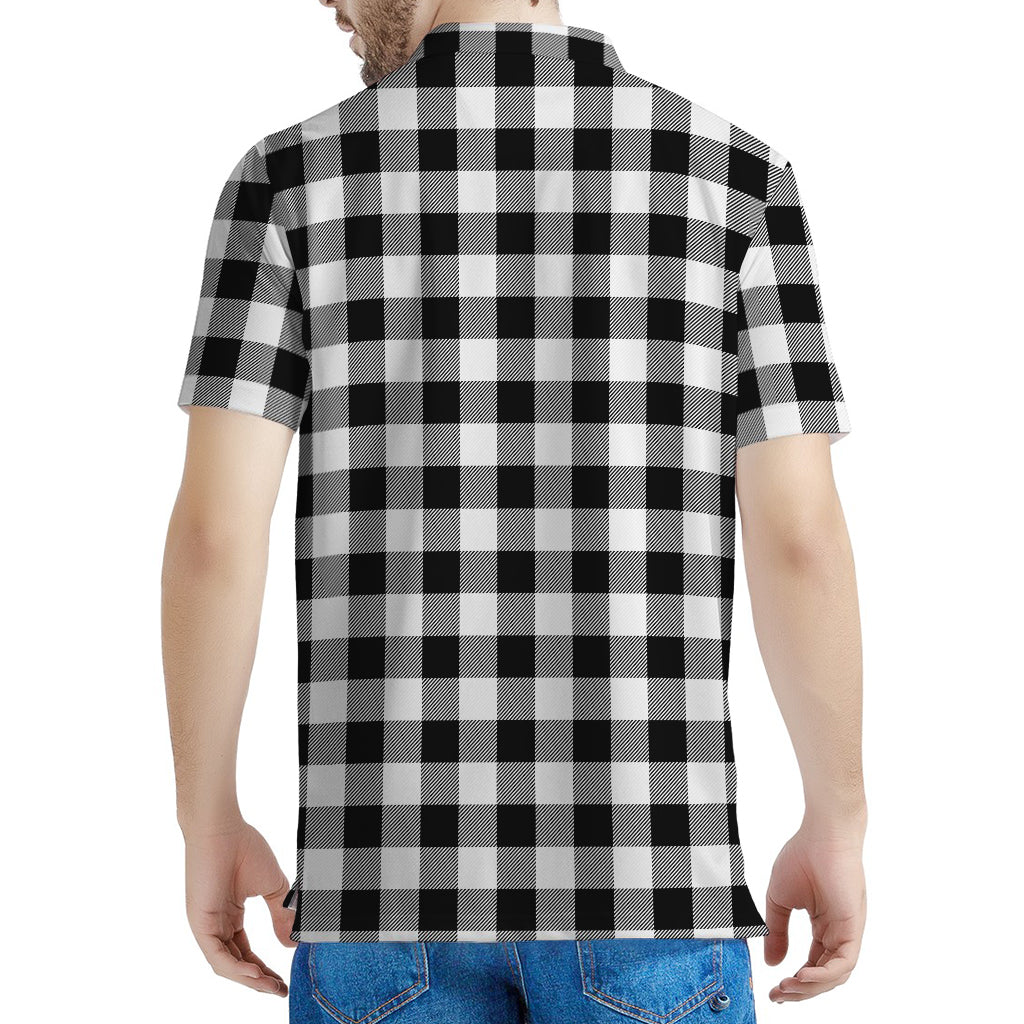 Black And White Buffalo Plaid Print Men's Polo Shirt