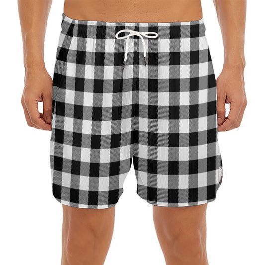 Black And White Buffalo Plaid Print Men's Split Running Shorts
