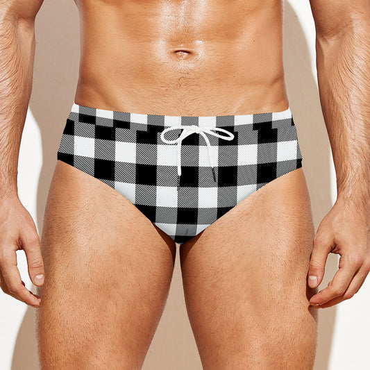 Black And White Buffalo Plaid Print Men's Swim Briefs
