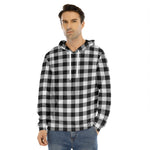 Black And White Buffalo Plaid Print Men's Velvet Pullover Hoodie