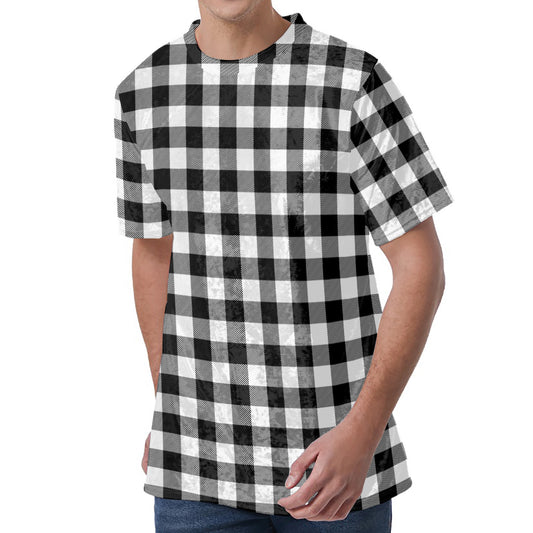 Black And White Buffalo Plaid Print Men's Velvet T-Shirt