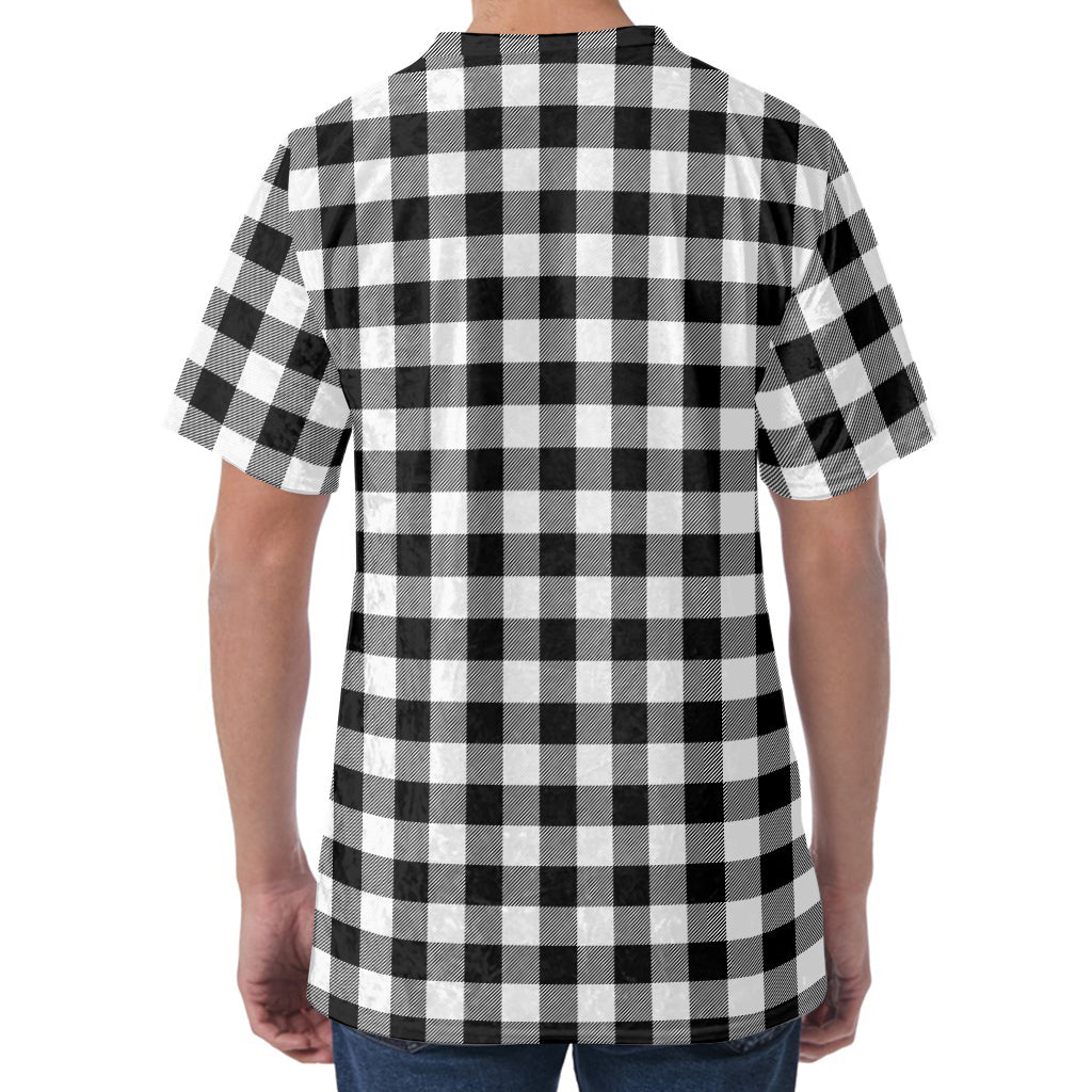 Black And White Buffalo Plaid Print Men's Velvet T-Shirt