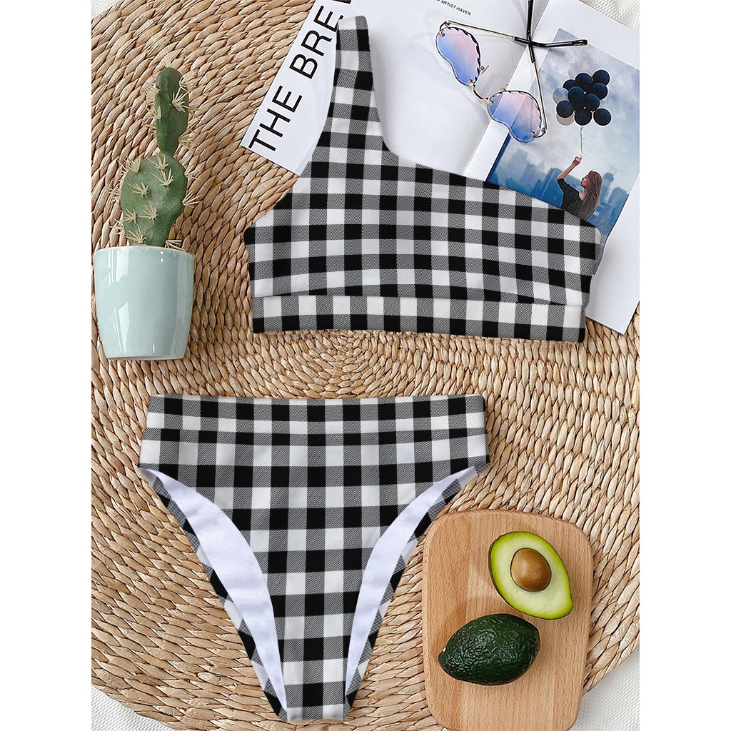 Black And White Buffalo Plaid Print One Shoulder Bikini Top