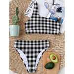 Black And White Buffalo Plaid Print One Shoulder Bikini Top