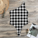 Black And White Buffalo Plaid Print One Shoulder Bodysuit
