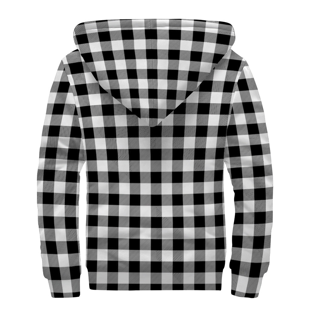 Black And White Buffalo Plaid Print Sherpa Lined Zip Up Hoodie