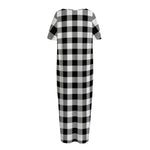 Black And White Buffalo Plaid Print Short Sleeve Long Nightdress