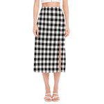 Black And White Buffalo Plaid Print Side Slit Midi Skirt