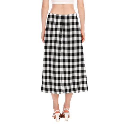 Black And White Buffalo Plaid Print Side Slit Midi Skirt