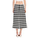 Black And White Buffalo Plaid Print Side Slit Midi Skirt
