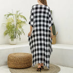 Black And White Buffalo Plaid Print Silk V-Neck Kaftan Dress