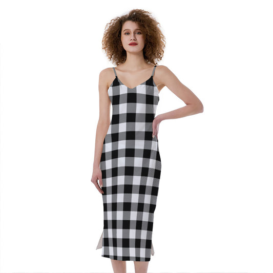 Black And White Buffalo Plaid Print Slim Fit Midi Cami Dress
