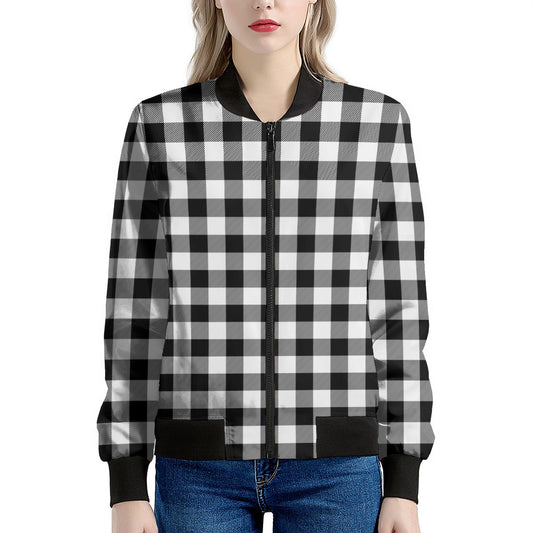 Black And White Buffalo Plaid Print Women's Bomber Jacket