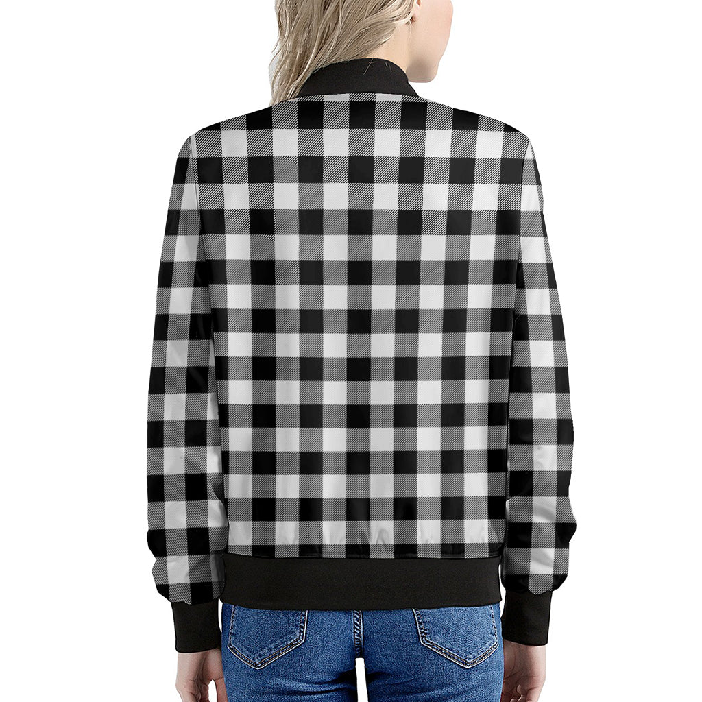 Black And White Buffalo Plaid Print Women's Bomber Jacket