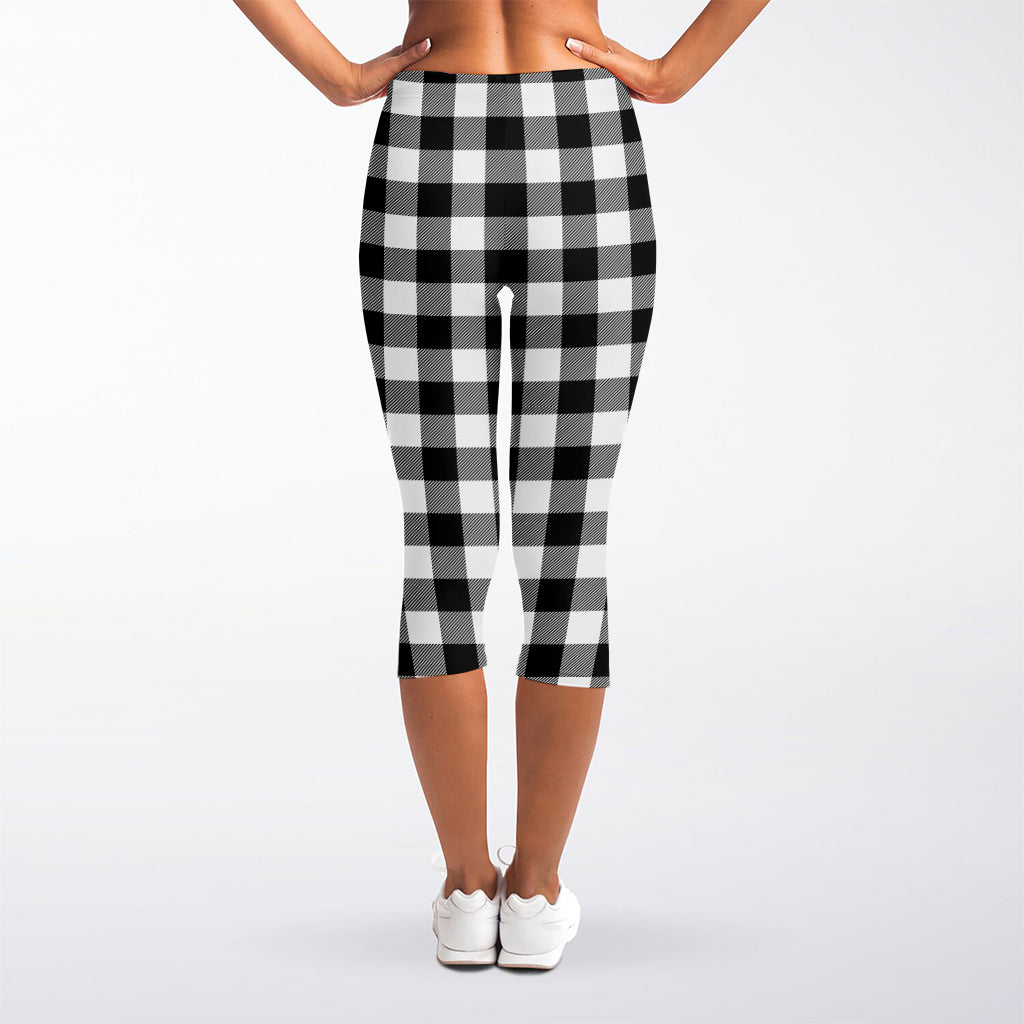 Black And White Buffalo Plaid Print Women's Capri Leggings