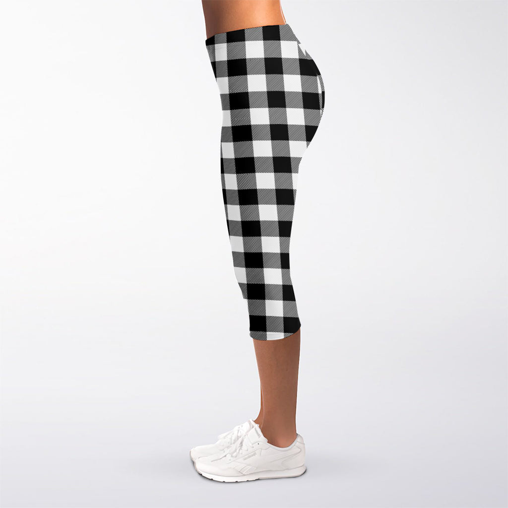 Black And White Buffalo Plaid Print Women's Capri Leggings