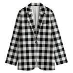 Black And White Buffalo Plaid Print Women's Cotton Blazer